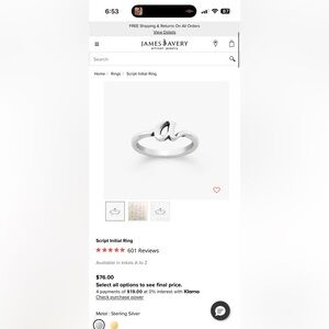 James Avery Script Initial 'a' Ring in Silver Tone